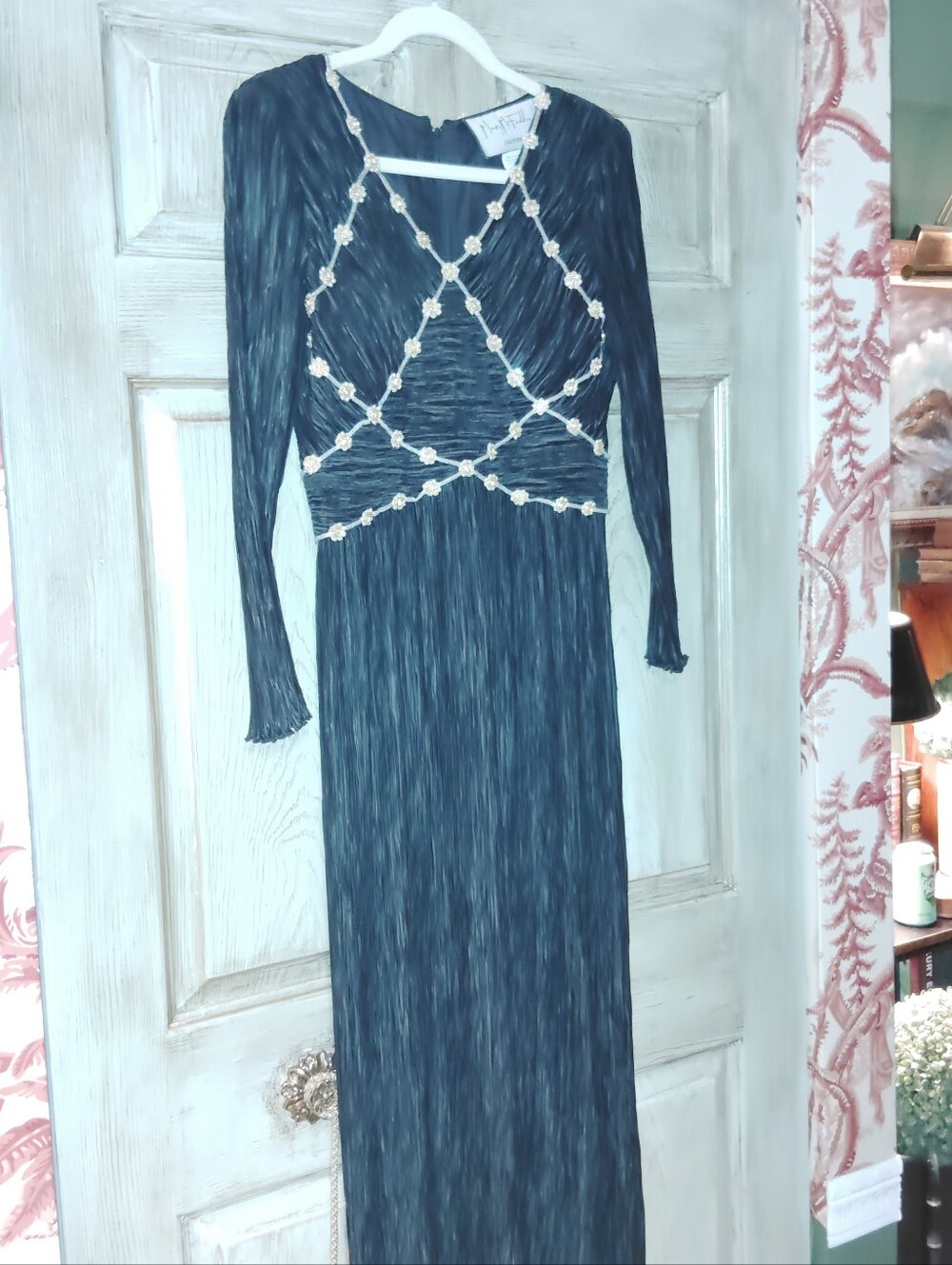 RARE Vintage Mary McFadden Couture Black Pleated 80's Gown Gold Beads Sz 4 - Picture 4 of 10
